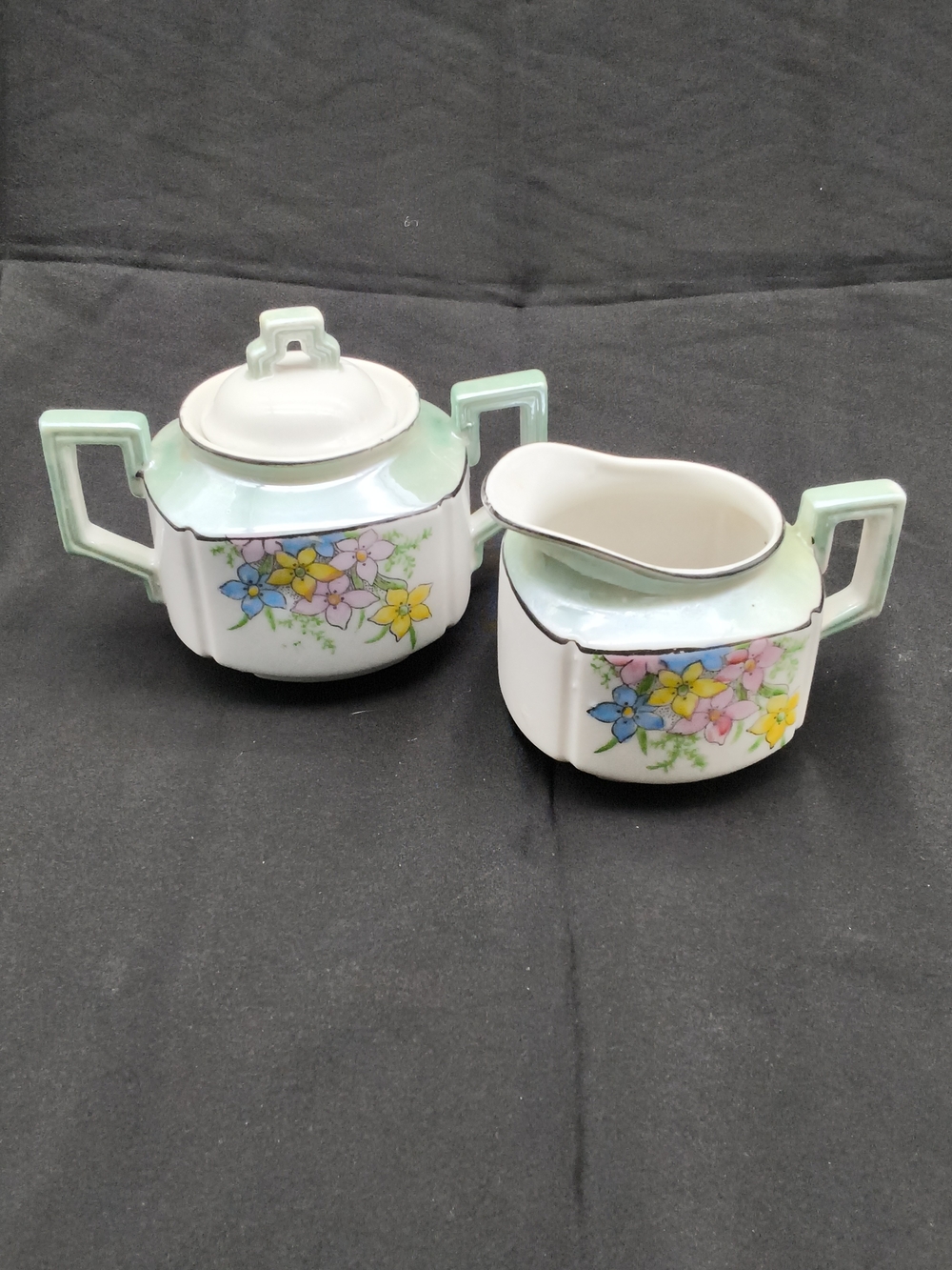 Antique Nippon Hand-Painted Floral Sugar & Creamer Set - Octagonal Lustreware